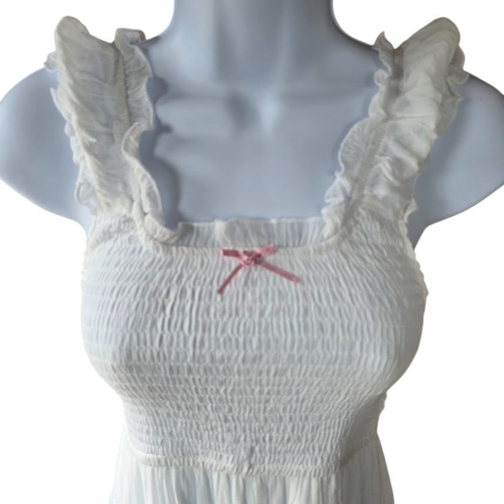 Love Tree White Mini Sun Dress Women S Smocked Ruffle Bow Cottagecore Coquette - Picture 4 of 12